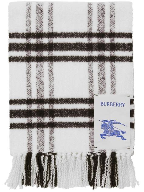 Burberry Check Pattern Fringed Wool Scarf in White 